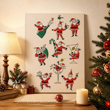 Unframed Santa cocktail canvas print beside a Christmas tree and lamp