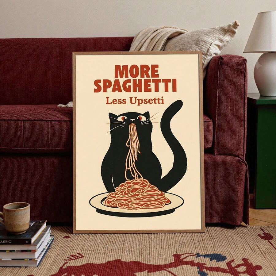 Bring humor and charm to your kitchen with this minimalist black cat canvas art featuring a witty spaghetti quote. Perfect for pasta lovers and cat enthusiasts alike, this modern piece combines playful typography with sleek feline illustration. Available as both framed and unframed options to suit your space. Crafted on durable canvas with waterproof finish, it resists moisture and fading—ideal for dining rooms and kitchen walls. The clean, contemporary design complements any décor style while adding person