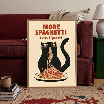 Bring humor and charm to your kitchen with this minimalist black cat canvas art featuring a witty spaghetti quote. Perfect for pasta lovers and cat enthusiasts alike, this modern piece combines playful typography with sleek feline illustration. Available as both framed and unframed options to suit your space. Crafted on durable canvas with waterproof finish, it resists moisture and fading—ideal for dining rooms and kitchen walls. The clean, contemporary design complements any décor style while adding person
