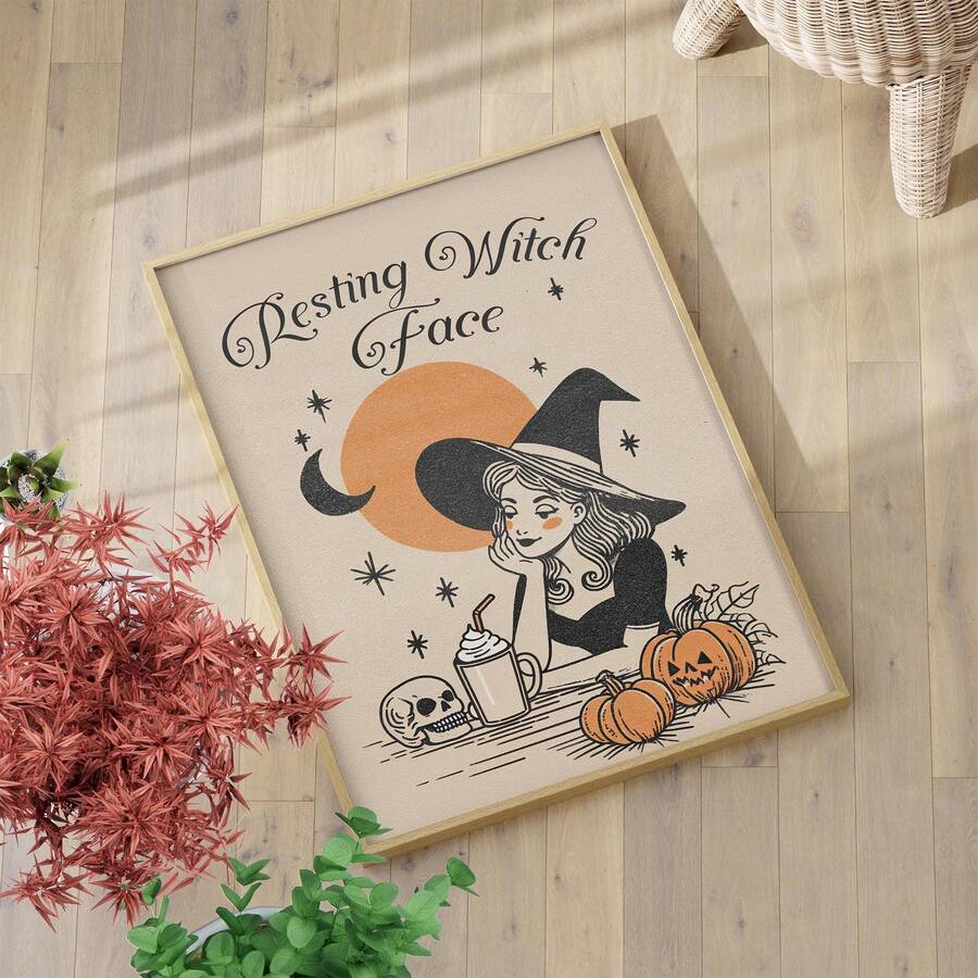 Framed Resting Witch Face Halloween poster with witch pumpkins skull moon and stars