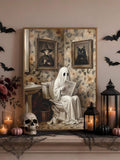 Funny Vintage Ghost Canvas poster featuring a ghost reading a newspaper on the toilet. Perfect for bathrooms, Halloween decor, and quirky interiors.