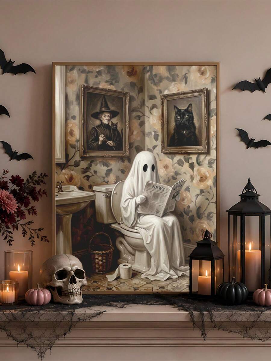 Funny Vintage Ghost Canvas poster featuring a ghost reading a newspaper on the toilet. Perfect for bathrooms, Halloween decor, and quirky interiors.
