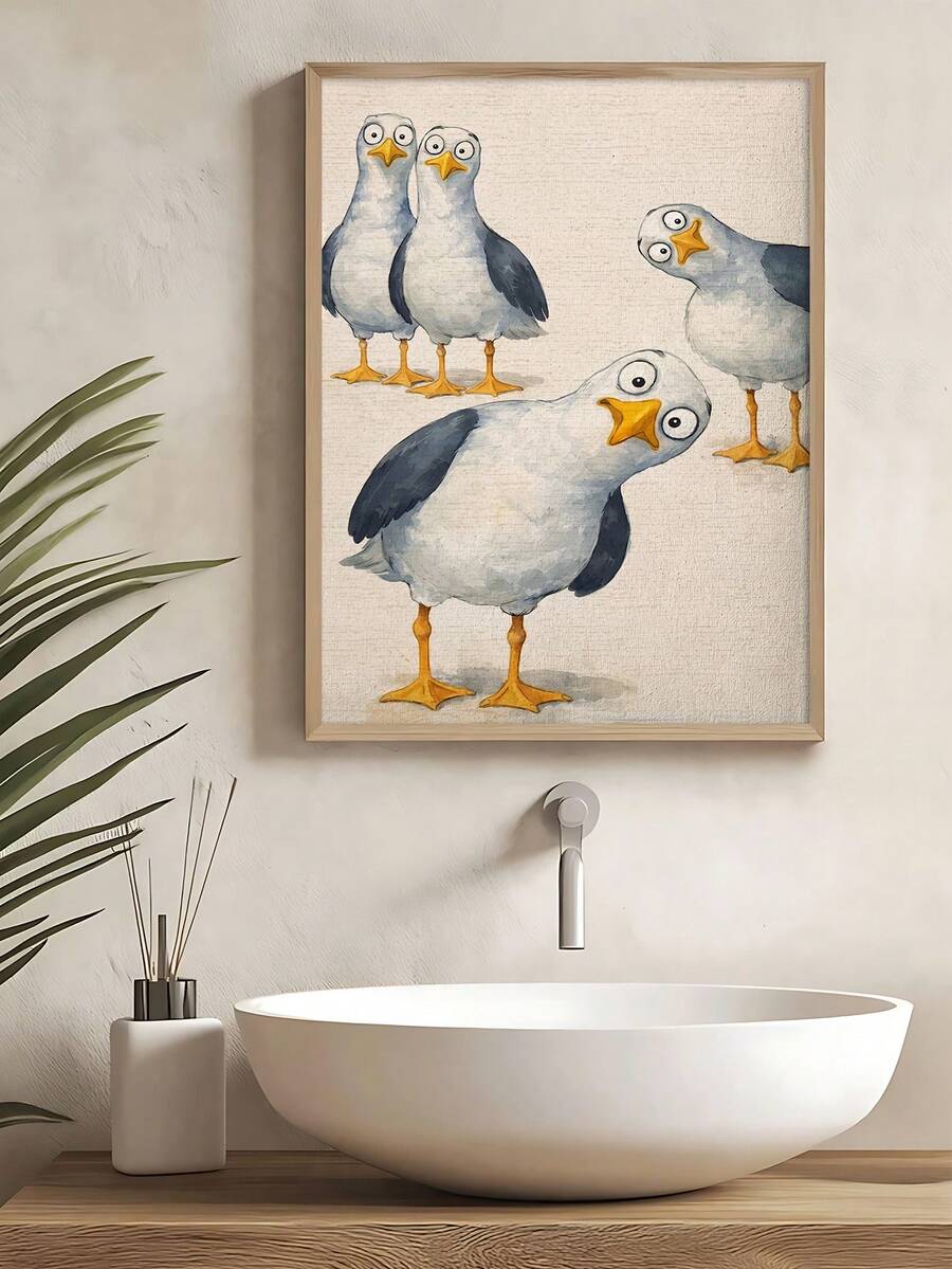 Funny seagull bathroom wall art in wood frame