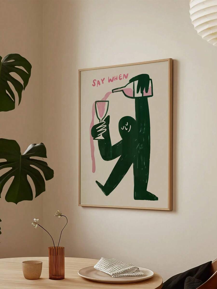 Bring wine-loving humor to your space with this minimalist wall art print. Featuring playful "Say When" quotes in a modern, abstract style, it's the perfect addition to your kitchen, bar, or dining room. Printed on durable canvas with a waterproof finish, this unframed piece combines cartoon charm with sophisticated design. Whether you're a wine enthusiast or just love witty home decor, this print adds personality and a touch of fun to any room. Easy to display and built to last.