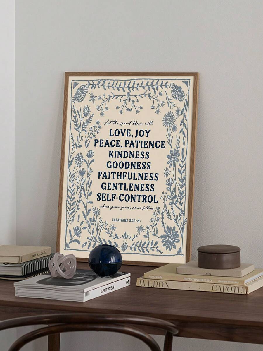 Galatians 5 22 23 blue floral scripture typography canvas poster