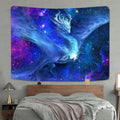 Blue galaxy dragon tapestry displayed above bed in fantasy bedroom