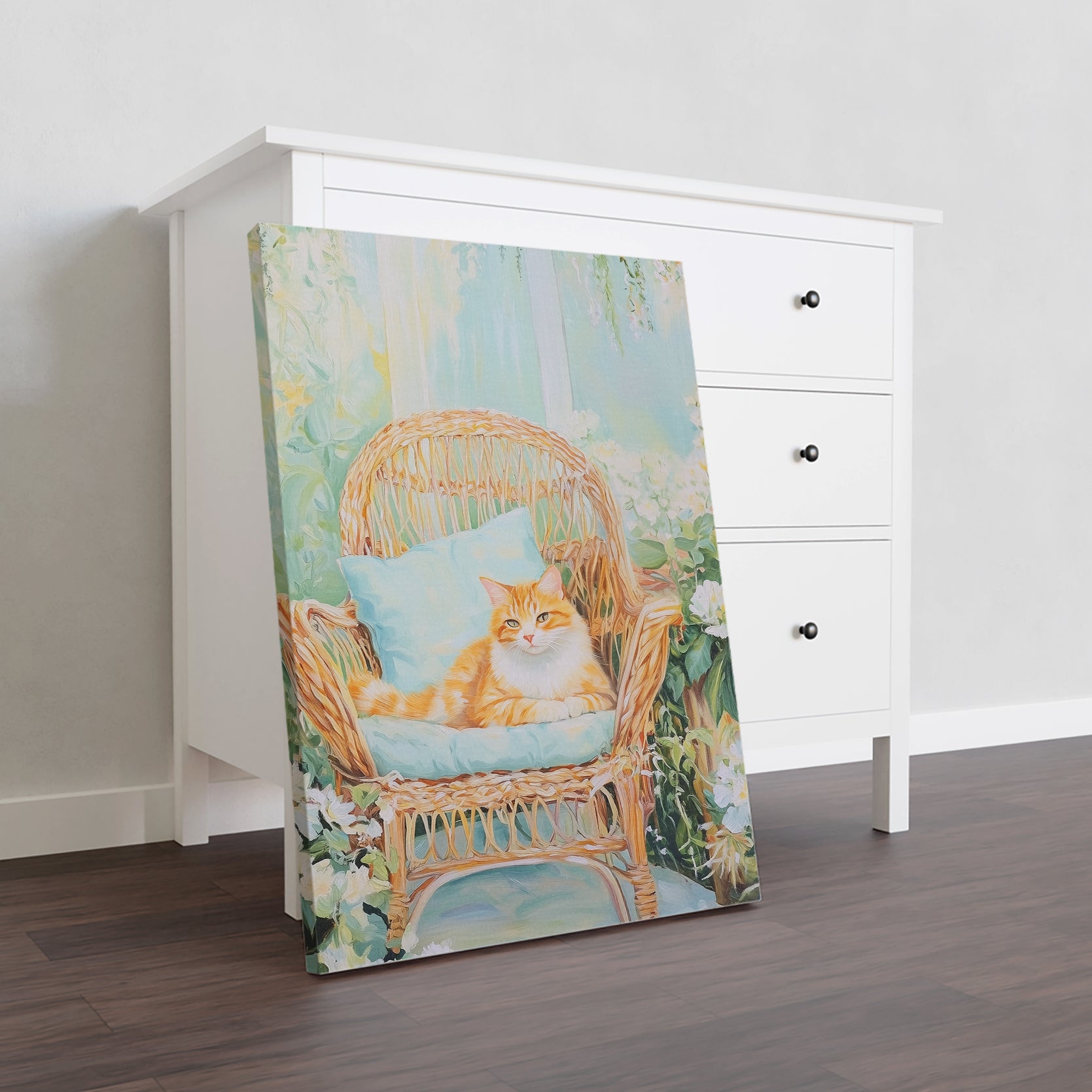 This charming Garden Cat Art Print features an Orange Tabby relaxing in a wicker chair, adding a touch of whimsy to any living room, sofa backdrop, bedside, or home decor. Made from high-quality materials, this print will surely bring a smile to your face and brighten up your space.