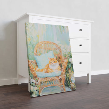 This charming Garden Cat Art Print features an Orange Tabby relaxing in a wicker chair, adding a touch of whimsy to any living room, sofa backdrop, bedside, or home decor. Made from high-quality materials, this print will surely bring a smile to your face and brighten up your space.