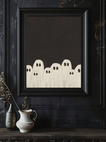 Dark forest Halloween poster with ghosts black cat pumpkins and bats