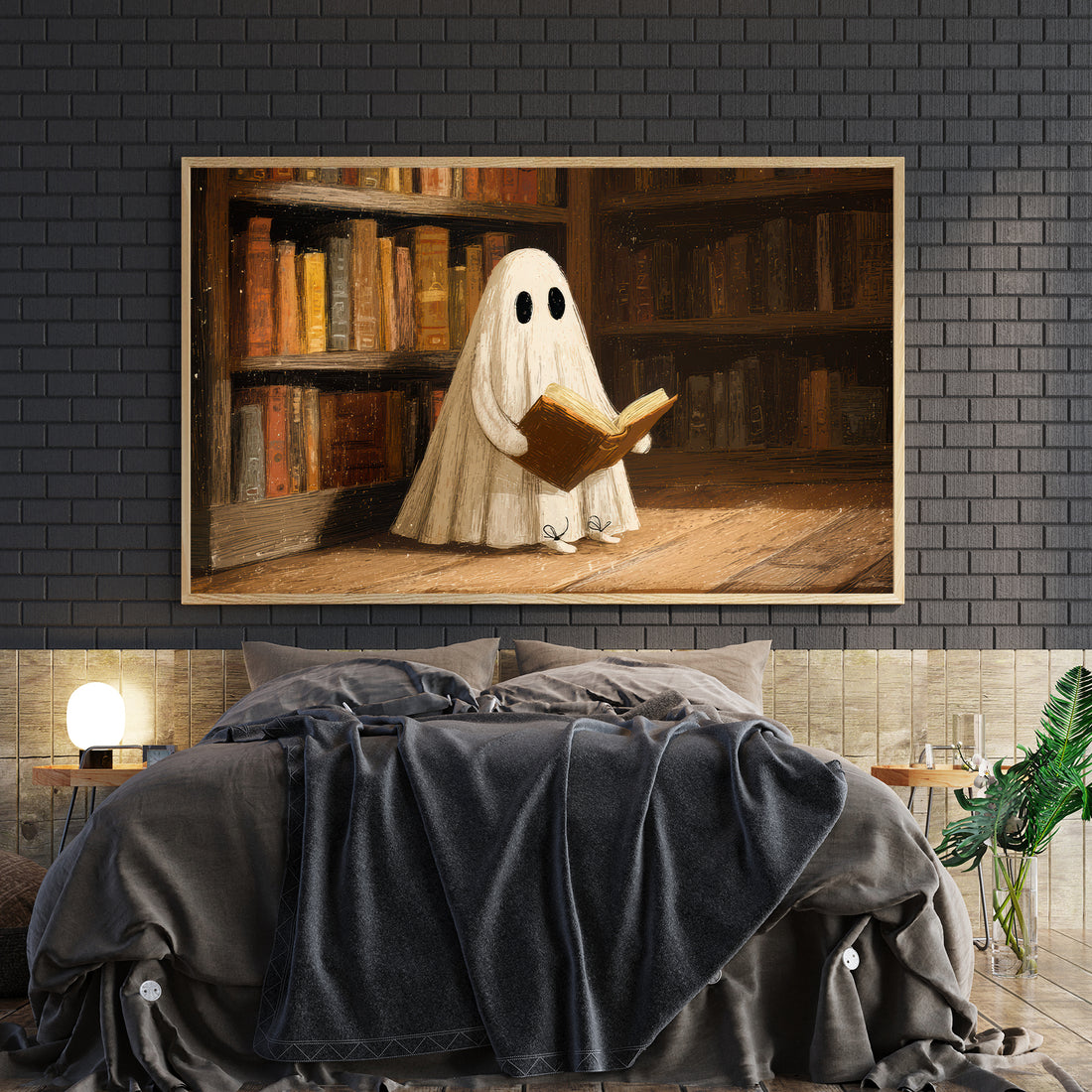Elevate your living space with the Ghost Reading Book Art Canvas, featuring a captivating library scene that blends mystery and elegance. Perfect as a sofa backdrop or bedside decoration, this canvas adds depth and character to any room. Crafted for durability and visual impact, it enhances your home decor with a sophisticated literary ambiance.