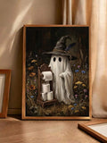 Framed canvas of a white ghost in a witch hat beside a carved toilet paper stand in a dark wildflower meadow
