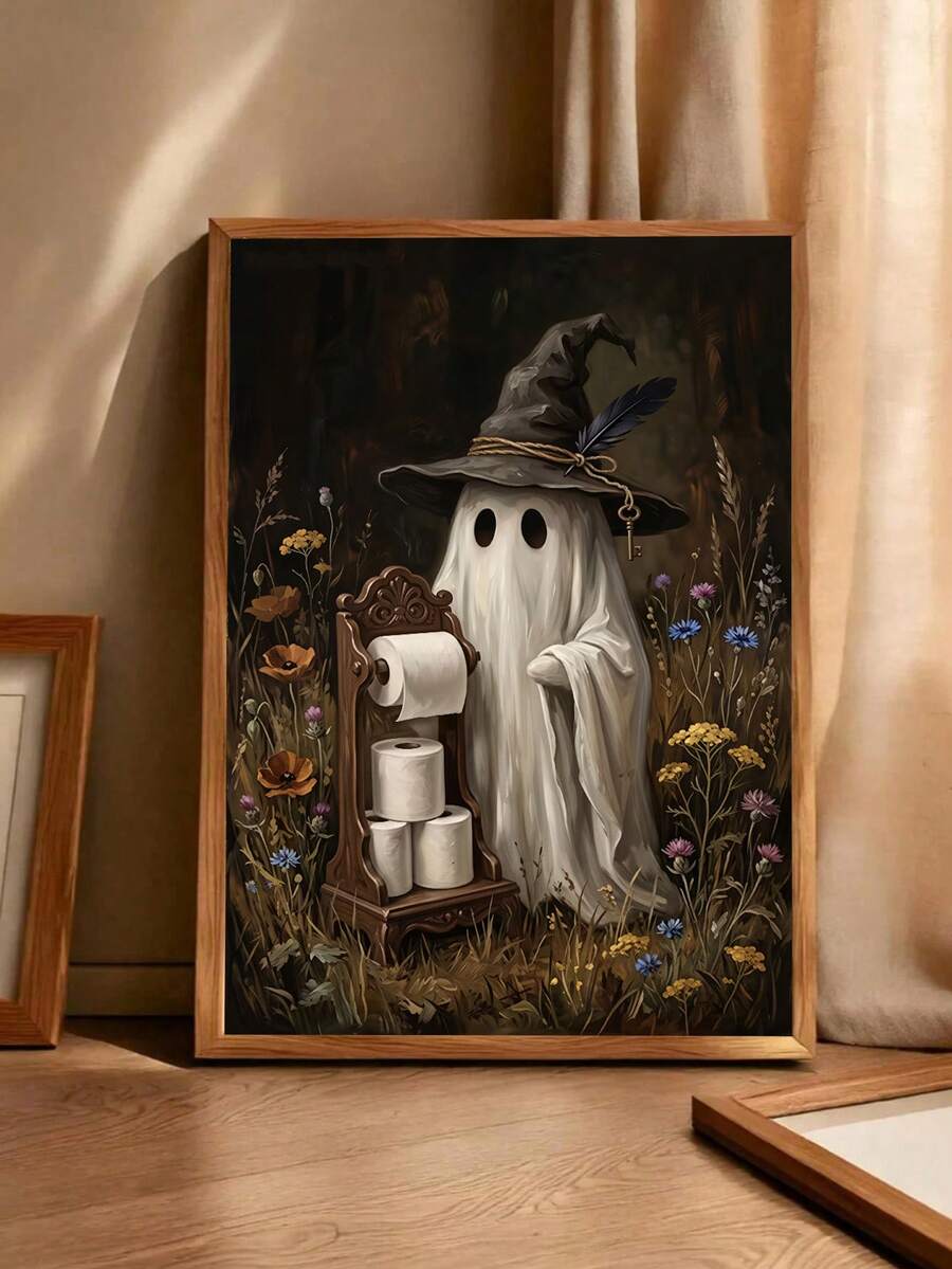 Framed canvas of a white ghost in a witch hat beside a carved toilet paper stand in a dark wildflower meadow