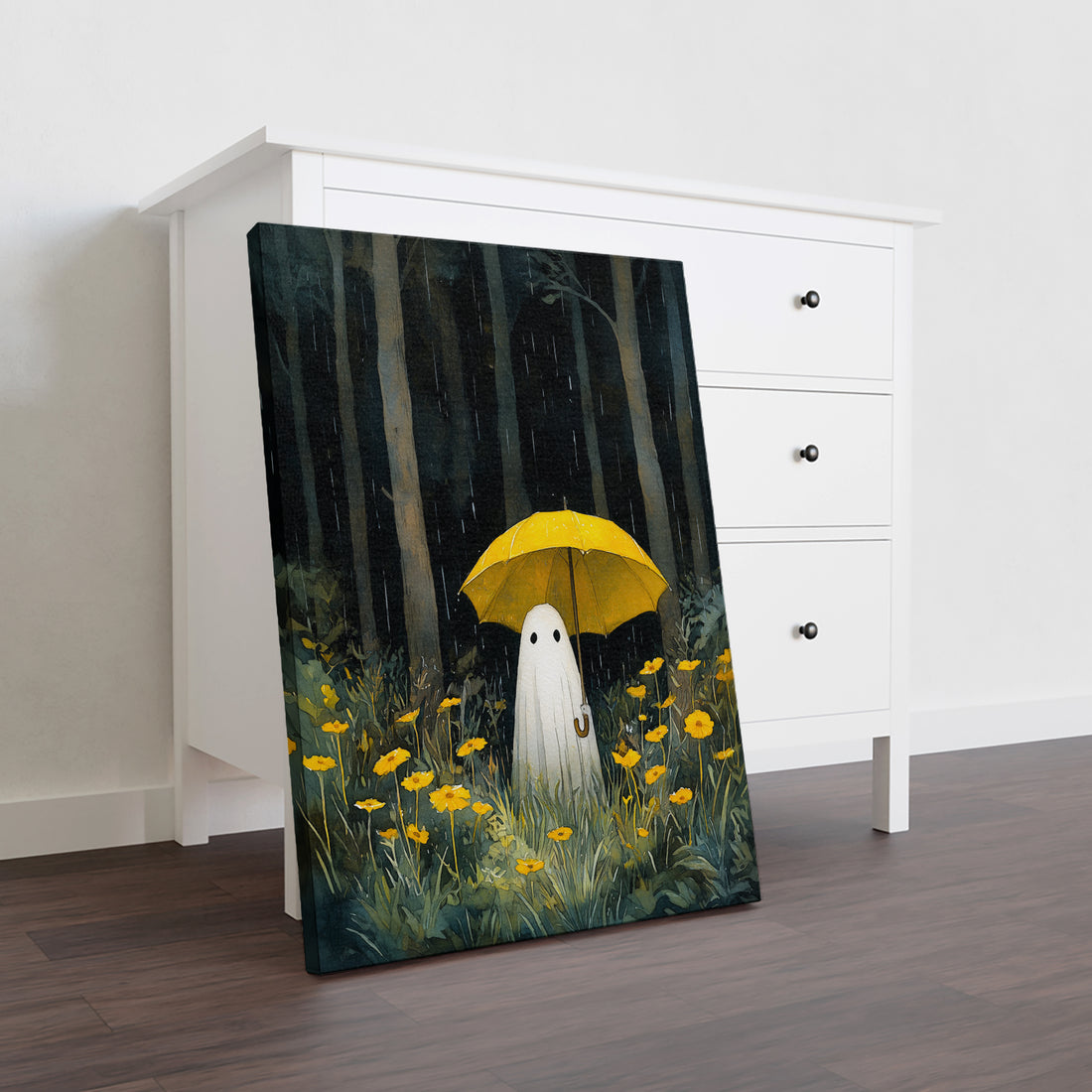 Elevate your living space with the Ghost in Rain Art Canvas Print, featuring a striking yellow umbrella adorned with delicate flowers. This expertly crafted piece adds a vibrant yet serene touch, perfect for enhancing your living room, sofa backdrop, or bedside area. Its subtle blend of color and imagery creates a calming atmosphere, making it an ideal home decor choice for those seeking both style and tranquility. Durable and easy to hang, this canvas print transforms any room into a refined and inviting e
