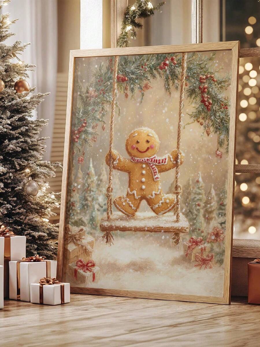 Framed gingerbread figure on a swing among snowy evergreens and wrapped gifts