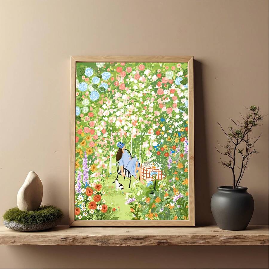 Framed colorful floral garden print with seated figure and cat on shelf