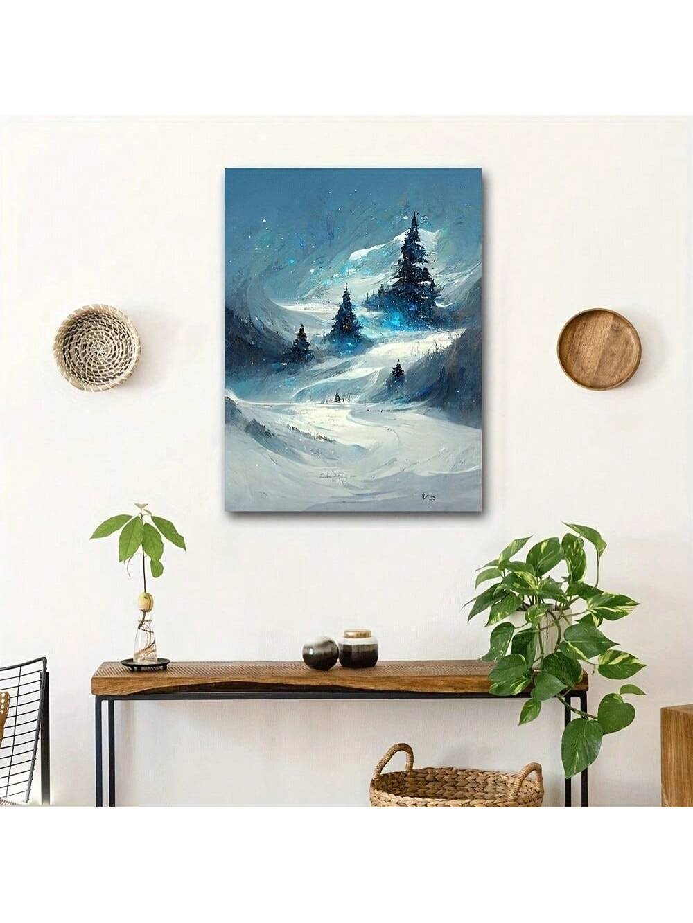 Transform your space into a winter wonderland with our Glittering Snow Scene Canvas Print. Perfect for ski resort inspired wall decor, this print's intricate details and sparkling glitter will transport you to a snowy paradise. Bring the beauty of nature into your home with this stunning piece.