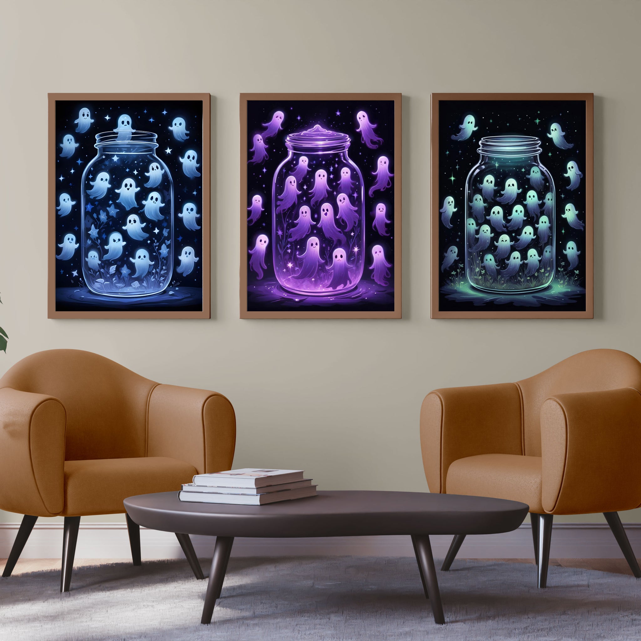 Glowing Glass Jar Containing Cute Ghost Poster Set Wall Art For Living Room, Sofa Backdrop, Bedside Decoration, Home Decor, No Frame
