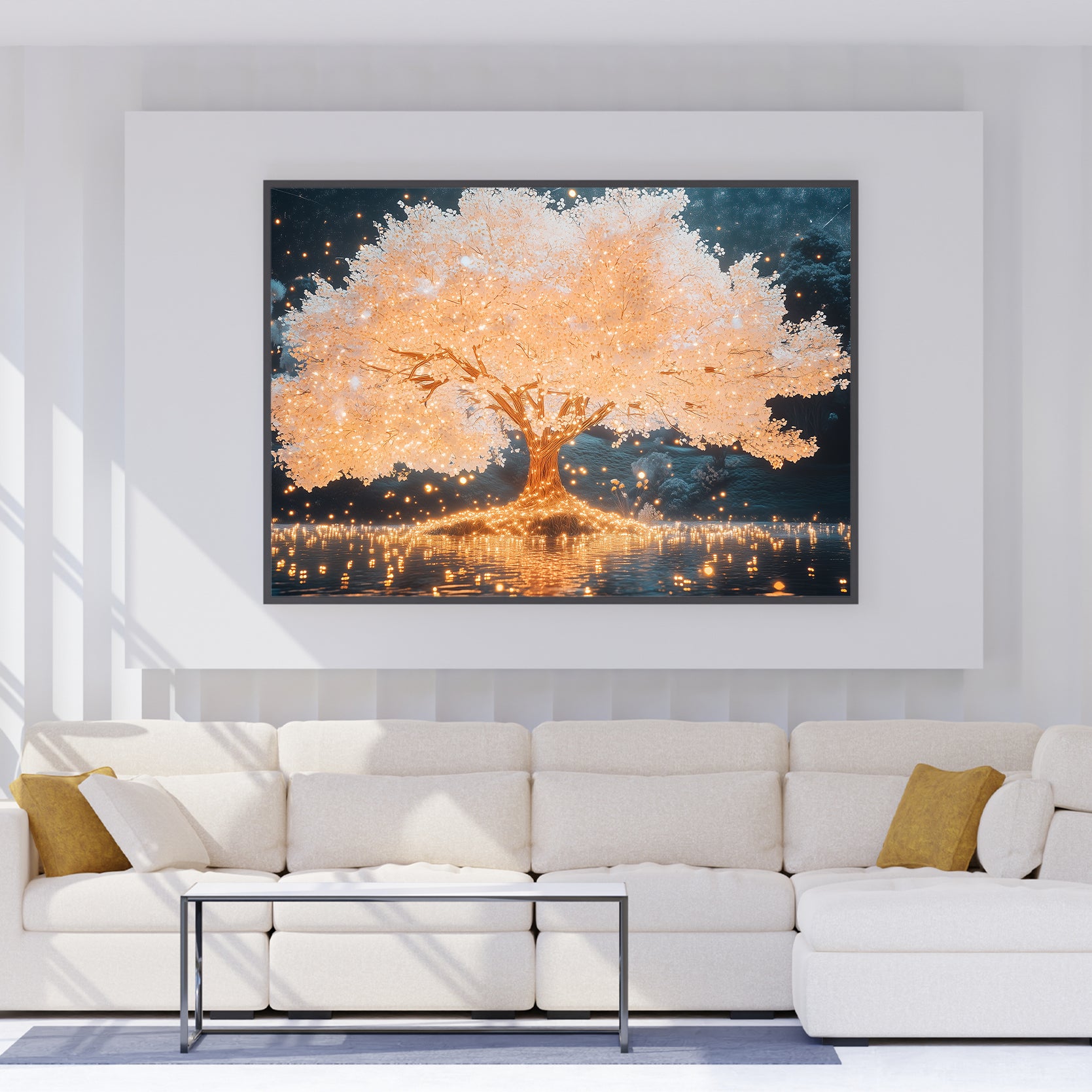 This luminous Tree Canvas Wall Art adds a soft glow to any living room, sofa backdrop, or bedside. The stunning Illuminated Cherry Blossom Print creates a peaceful ambiance, perfect for relaxing at home. Elevate your home decor with this unique and elegant piece.