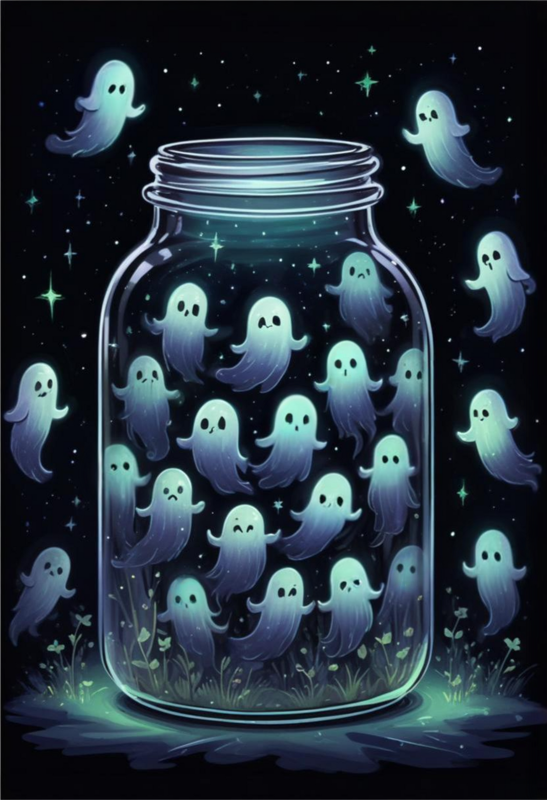 Glowing Glass Jar Containing Cute Ghost Poster Set Wall Art For Living Room, Sofa Backdrop, Bedside Decoration, Home Decor, No Frame