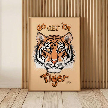 Go Get Em Tiger framed poster against wood slat wall