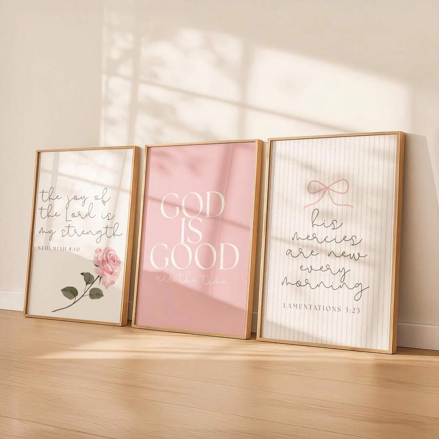 Christian wall art set with God is good typography in blush pink framed style