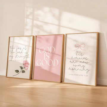 Christian wall art set with God is good typography in blush pink framed style
