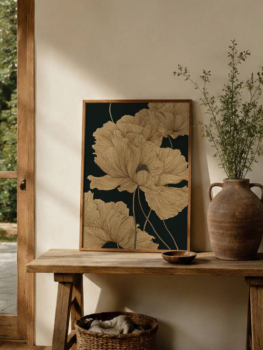Gold Floral Dark Background Luxury Elegant Botanical Canvas Poster 