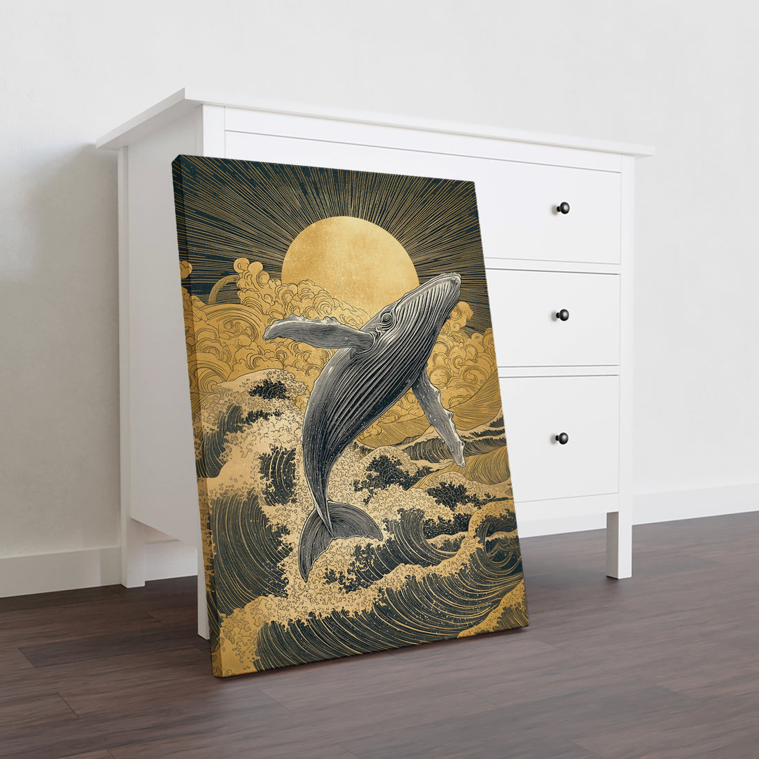 This ocean-themed wall decor captures the majesty of marine life through a sophisticated artistic lens. The composition showcases a graceful whale silhouette paired with a radiant golden sun, creating a dynamic interplay between aquatic and celestial elements. The carefully curated color scheme—featuring oceanic blues accented by warm metallics—establishes visual depth and elegance.
