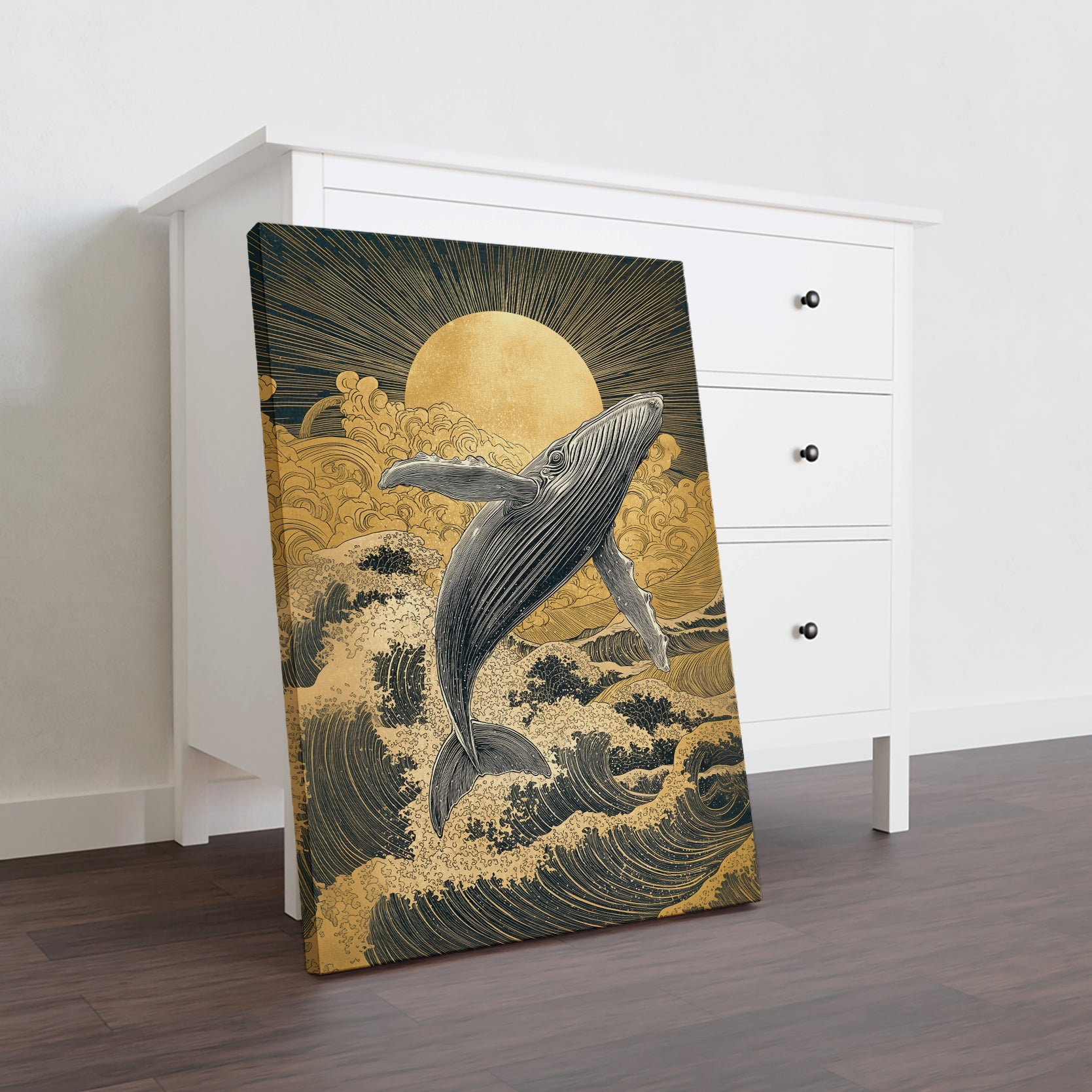 This ocean-themed wall decor captures the majesty of marine life through a sophisticated artistic lens. The composition showcases a graceful whale silhouette paired with a radiant golden sun, creating a dynamic interplay between aquatic and celestial elements. The carefully curated color scheme—featuring oceanic blues accented by warm metallics—establishes visual depth and elegance.