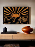 Elevate your summer decor with our Golden Horizon Sun Art Print. This Bohemian Mid-Century Modern Canvas Poster features a vibrant and bright design that will add a touch of color to any room. Made with high-quality materials, this art print will bring a warm and stylish ambiance to your space.