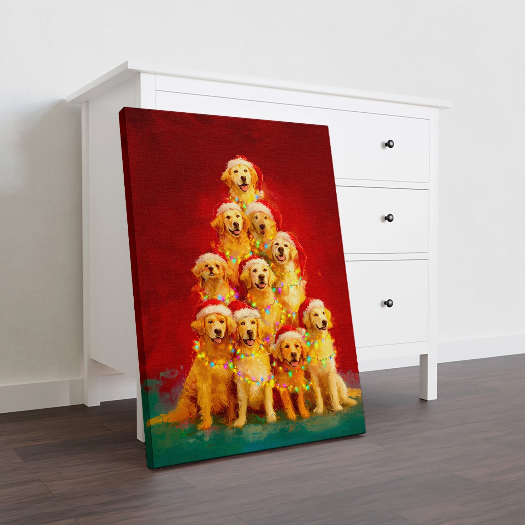 Bring festive warmth to any room with this charming Golden Retriever Christmas Tree canvas wall art. Featuring a beloved golden retriever adorned with holiday cheer, this piece combines seasonal spirit with timeless pet portraiture.
