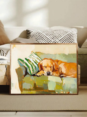 Golden retriever sleeping on sage green sofa artwork
