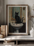Black cat sitting on bathroom sink vintage canvas poster