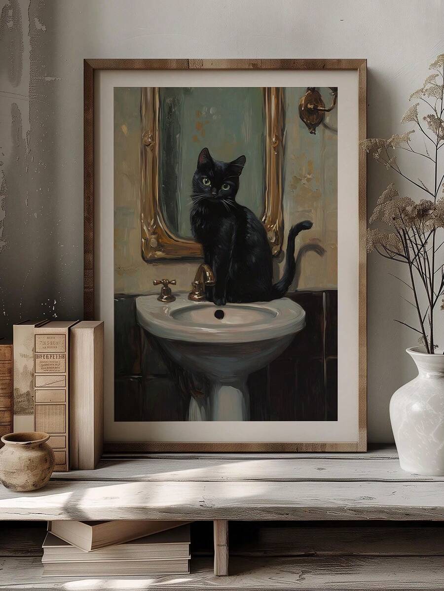 Black cat sitting on bathroom sink vintage canvas poster