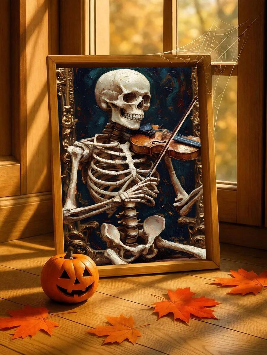 Gothic skeleton playing violin canvas art with ornate vintage backdrop