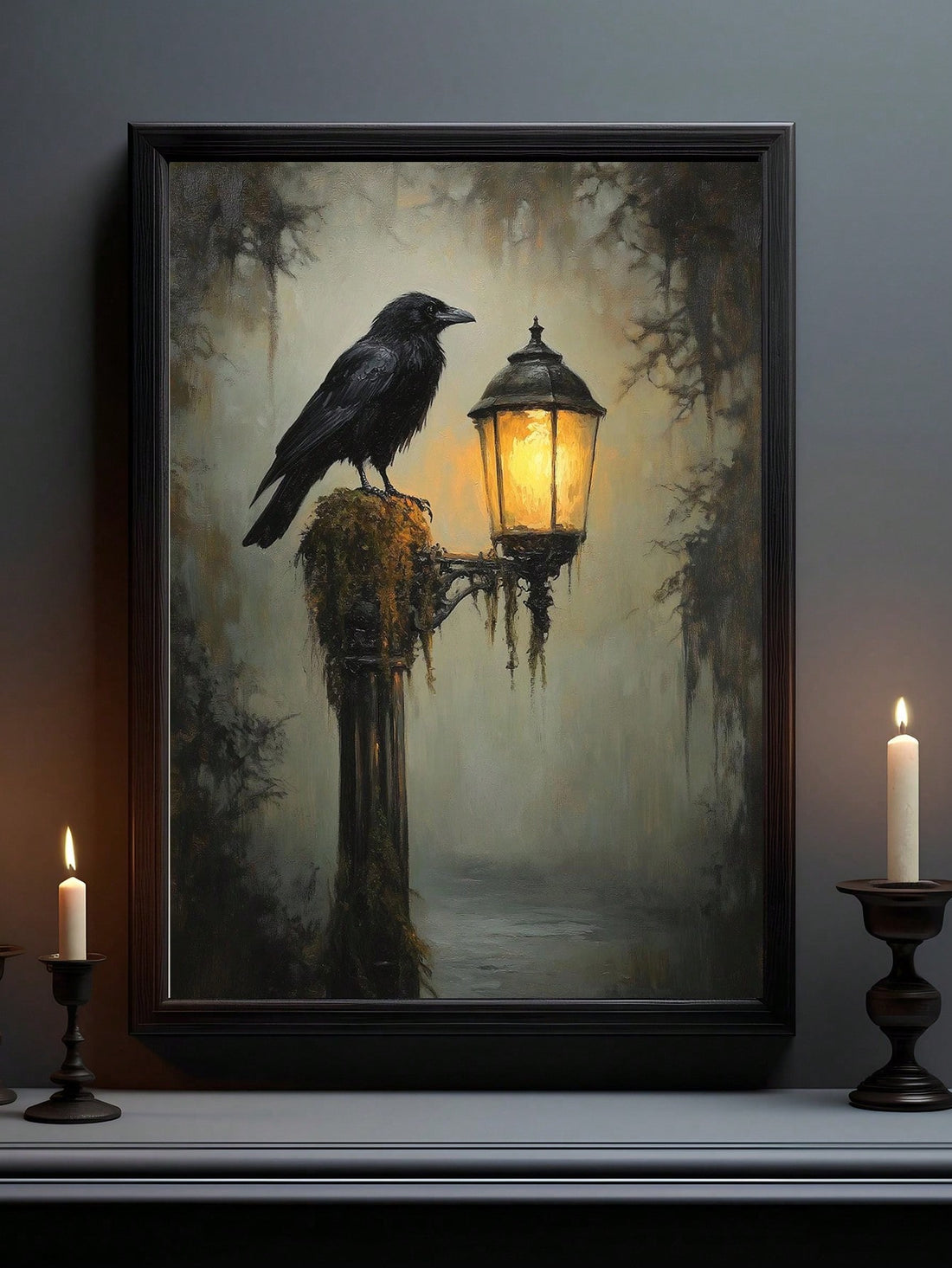 Elevate your Halloween ambiance with this Gothic Fall Canvas Wall Art featuring eerie ravens and glowing lanterns. Crafted to capture the mysterious spirit of autumn, this piece adds a sophisticated, spooky touch to your home decor. Its rich details and moody palette create an enchanting atmosphere perfect for seasonal decorating or year-round gothic style. Durable and ready to hang, it transforms any space into a captivating autumnal retreat.