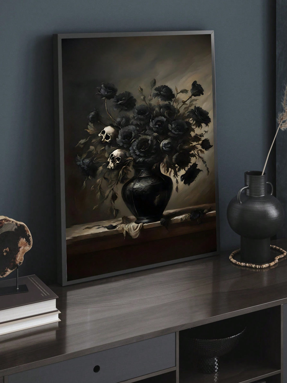 Enhance the ambiance of your home decor with this unique Gothic Floral Black Roses and Skull Wall Art. Featuring a striking mortality theme, this canvas print is sure to catch the eye of anyone who enters the room. Add a touch of darkness and beauty to your space with this exquisite piece.