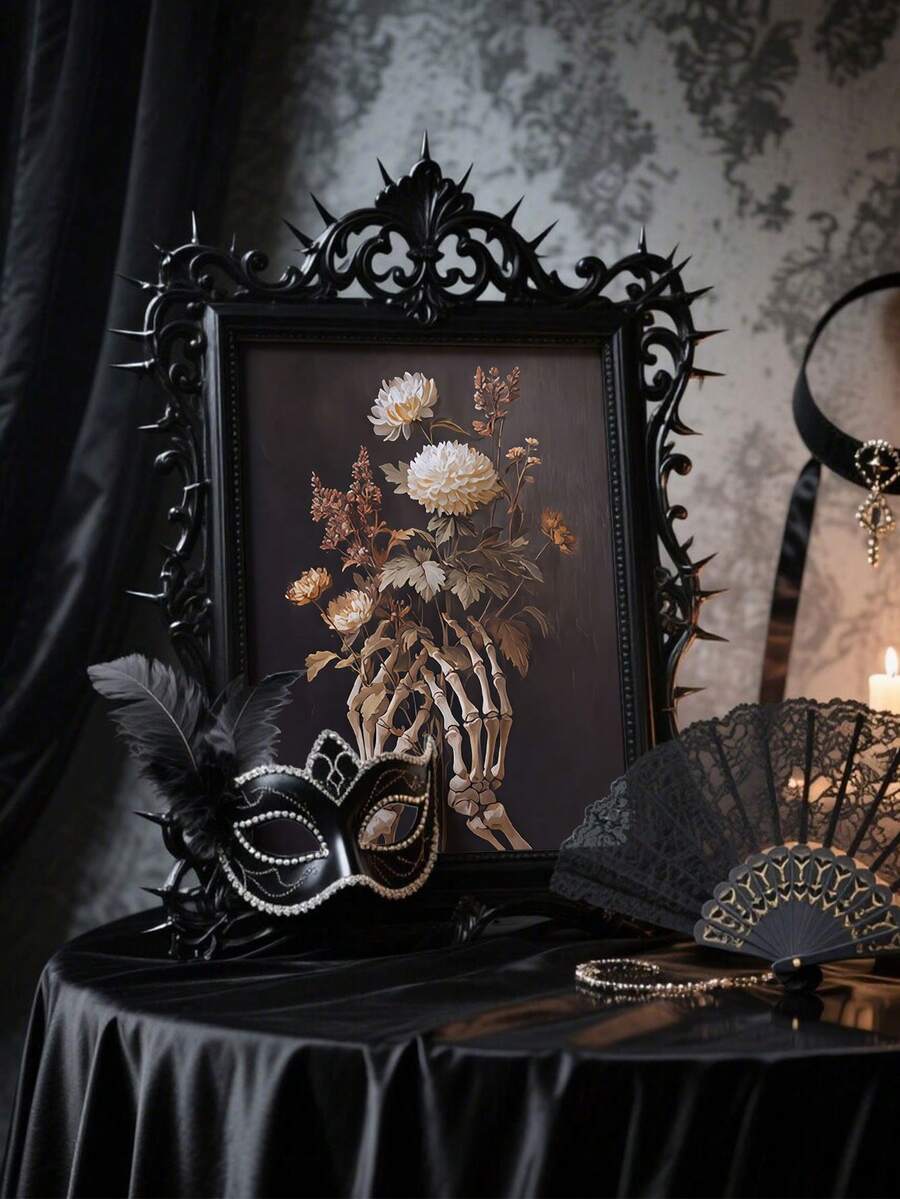 Gothic floral skull minimalist framed wall art