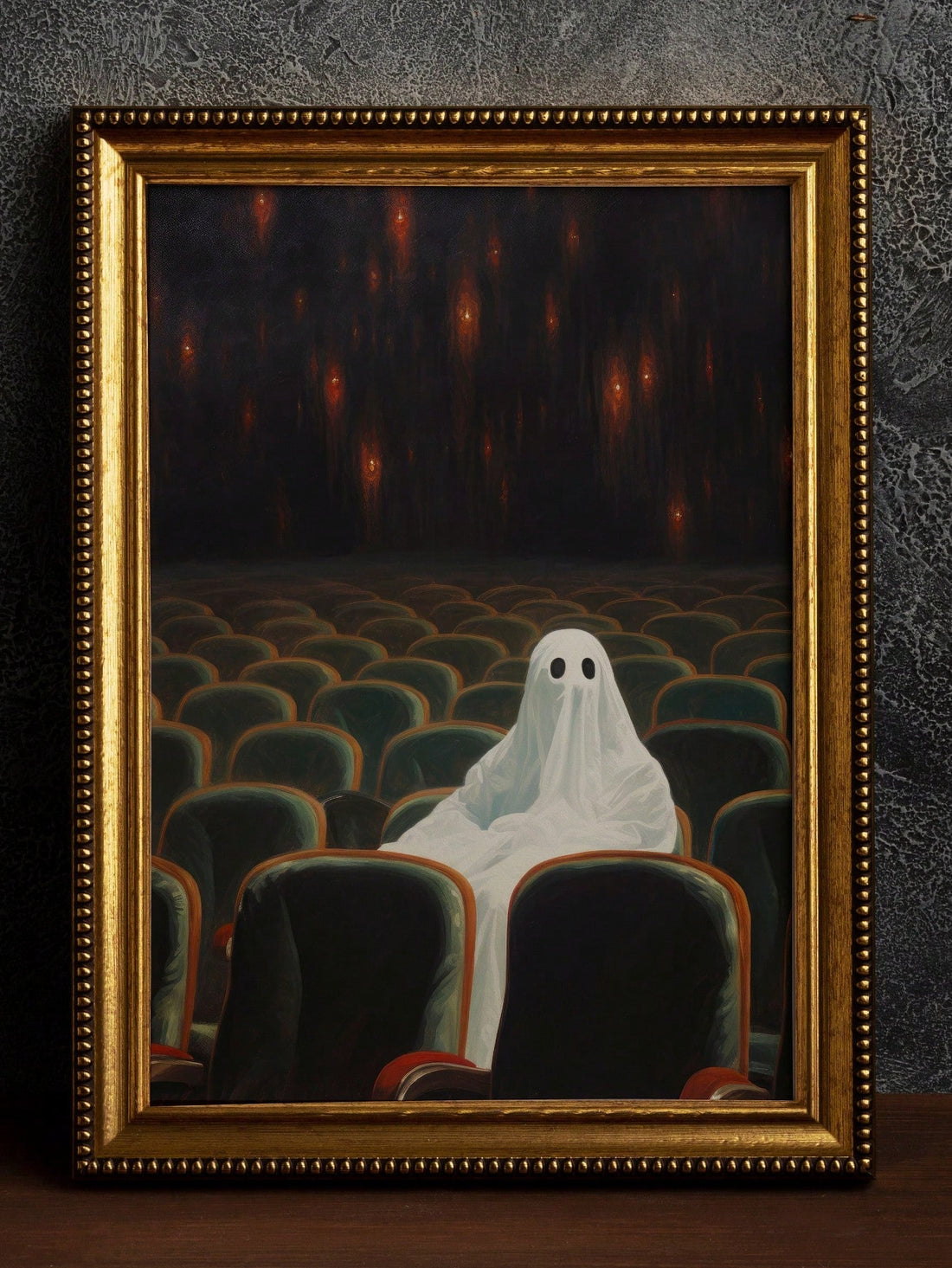 Elevate your Halloween ambiance with the "Gothic Ghosts in the Theater" framed canvas wall art. This expertly crafted piece captures eerie spectral figures set against a vintage theater backdrop, blending gothic aesthetics with haunting elegance. Perfect for adding a sophisticated yet spooky touch to your seasonal decor, it transforms any space into a mysterious, atmospheric setting ideal for Halloween celebrations. Durable and ready to hang, this artwork offers a timeless way to showcase your appreciation 