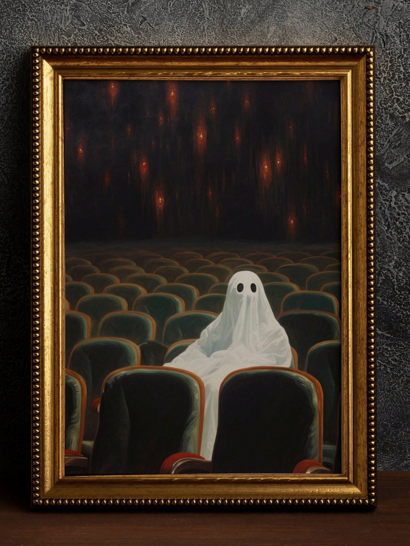Elevate your Halloween ambiance with the "Gothic Ghosts in the Theater" framed canvas wall art. This expertly crafted piece captures eerie spectral figures set against a vintage theater backdrop, blending gothic aesthetics with haunting elegance. Perfect for adding a sophisticated yet spooky touch to your seasonal decor, it transforms any space into a mysterious, atmospheric setting ideal for Halloween celebrations. Durable and ready to hang, this artwork offers a timeless way to showcase your appreciation 
