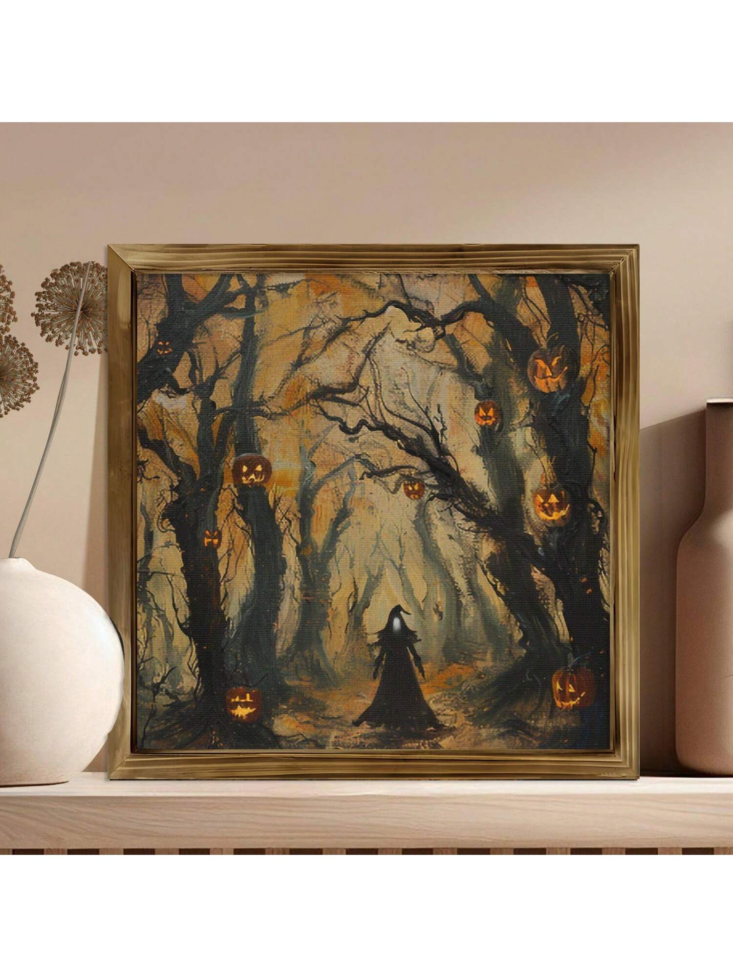 Elevate your Halloween decor with this Gothic Halloween Framed Canvas Art featuring a haunting witch set against a dark, mysterious forest. Expertly crafted, this piece adds an enchanting and eerie ambiance to any room, perfect for those who appreciate sophisticated spooky aesthetics. Its detailed imagery and quality framing make it a standout addition to your seasonal or gothic-themed collection.