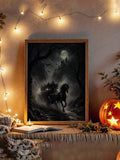 Moonlit gothic horse-drawn carriage beneath a full moon and distant castle in a framed Halloween canvas