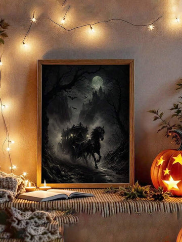 Moonlit gothic horse-drawn carriage beneath a full moon and distant castle in a framed Halloween canvas