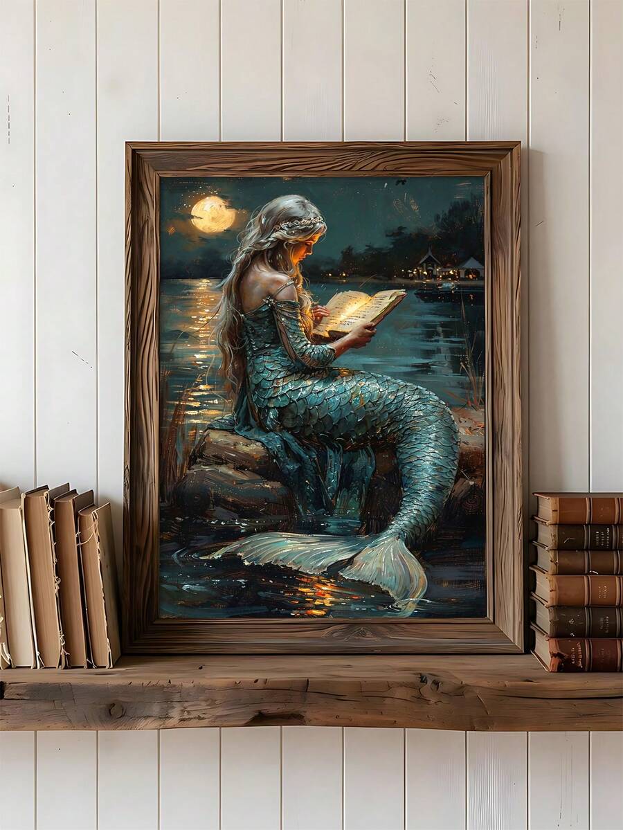 Teal mermaid reading by moonlit water in a framed gothic bookish portrait display