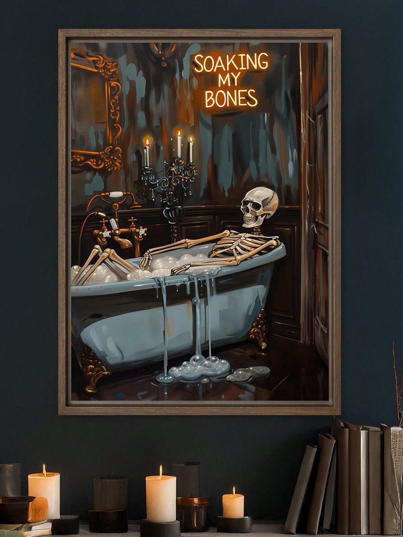 Elevate your dark home aesthetic with this Gothic Skeleton Bath Canvas Wall Art. Featuring vintage Halloween-inspired design, it adds a hauntingly elegant touch to any space. Crafted to evoke a mysterious atmosphere, this piece is perfect for those who appreciate macabre art with timeless appeal. Ideal for seasonal decor or year-round display, it enhances your environment with subtle gothic charm.