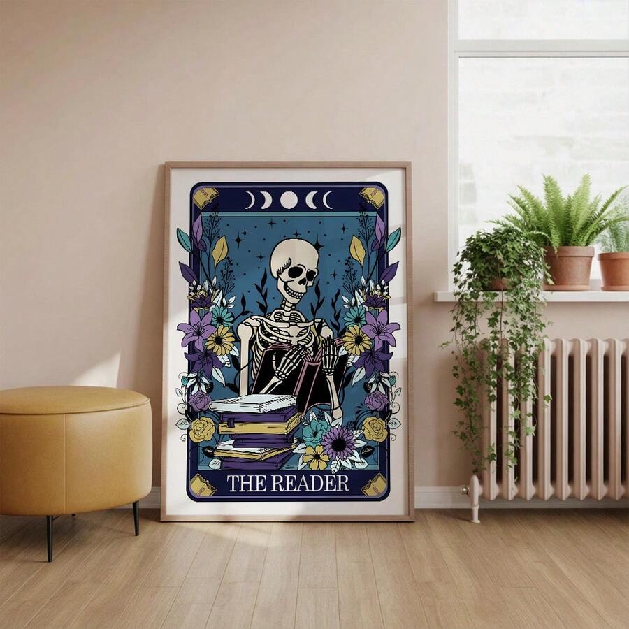 Embrace the mystique of dark academia with this striking Gothic Tarot Card Skeleton Wall Art. Featuring intricate graphic patterns, botanical elements, and gothic lettering, this canvas print brings an enchanting aesthetic to any space. Perfect for book lovers and those drawn to occult-inspired décor, it transforms your dining room or home office into a sanctuary of literary elegance.