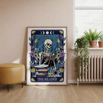 Embrace the mystique of dark academia with this striking Gothic Tarot Card Skeleton Wall Art. Featuring intricate graphic patterns, botanical elements, and gothic lettering, this canvas print brings an enchanting aesthetic to any space. Perfect for book lovers and those drawn to occult-inspired décor, it transforms your dining room or home office into a sanctuary of literary elegance.