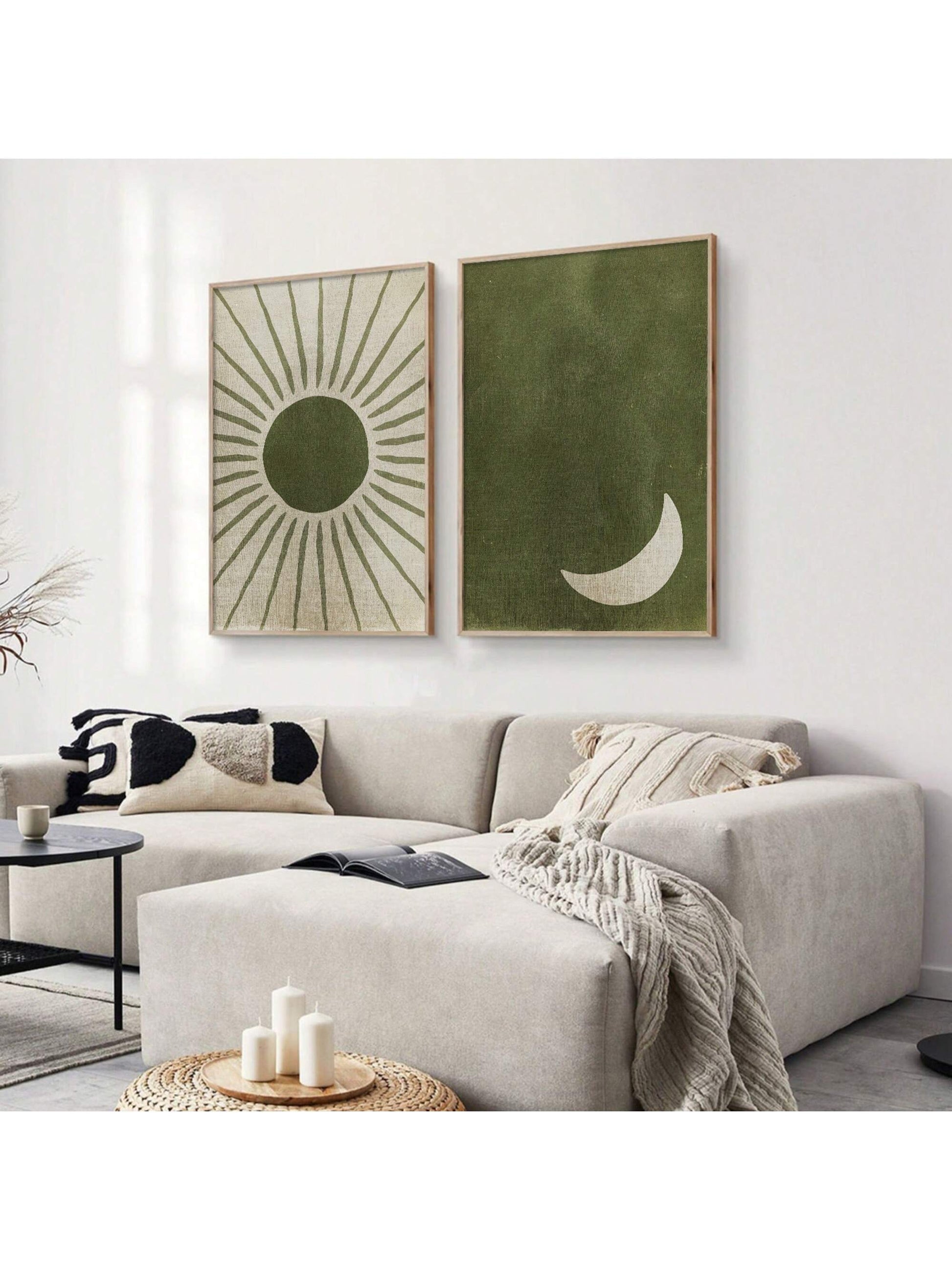 This Green Abstract Boho Canvas Paintings Set features a sun and moon design, perfect for those who appreciate a touch of bohemian style. Let the earthy green tones and abstract design bring a calming energy to any space. Unframed for easy customization and personalization.