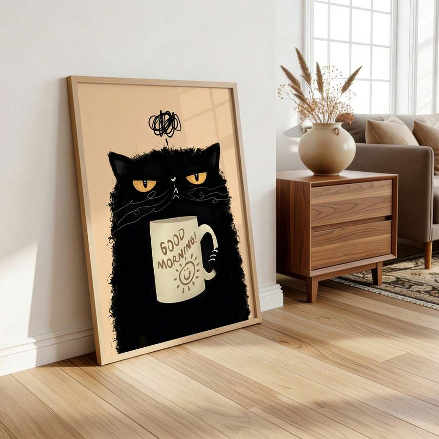 Bring feline attitude to your space with this charming grumpy black cat canvas art. Featuring a sassy cartoon design with modern appeal, this waterproof hanging painting is perfect for cat lovers and coffee enthusiasts alike. The playful animal pattern adds personality to any dining room or kitchen, making it an ideal conversation starter. Crafted on quality canvas, this humorous wall decor celebrates the moody charm of our favorite furry friends. A must-have for anyone who appreciates witty, cat-themed hom