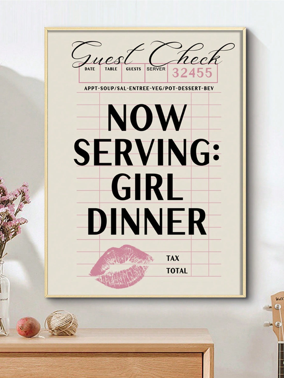 Elevate your home decor with our 'Guest Check' Bar Cart Wall Art. This chic and whimsical canvas poster is perfect for college kitchens, living rooms, sofa backdrops, and bedside decoration. Add a touch of sophistication and style to any room without the hassle of framing.
